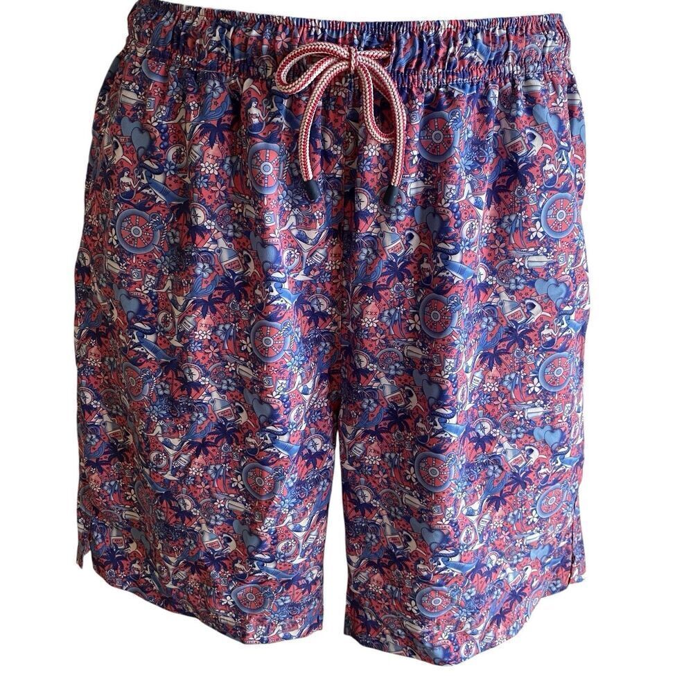 Peter Millar Swim Trunks Men's Medium Seaside Pink Blue Lined Shorts 8" inseam